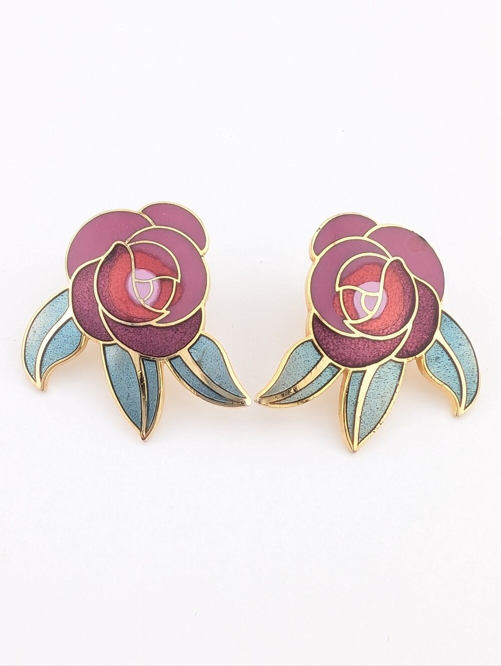 Vintage Laurel Burch "Deco Rose" Gold Clip On Earrings -  Estate Jewelry